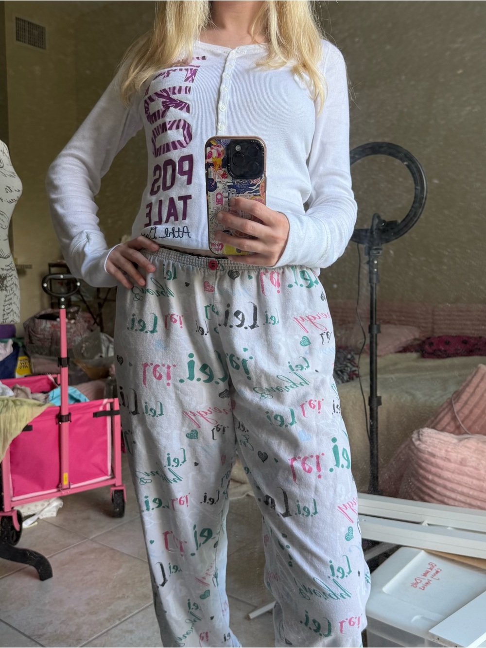 lei White Straight-Leg Pajama Pants with Pink & Teal Print